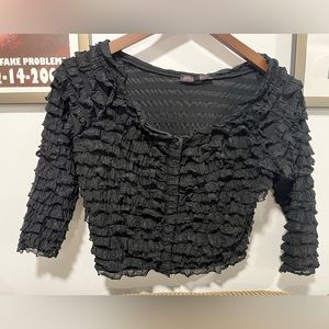 Betsey Johnson vintage rare black ruffly cropped cardigan. Size Large